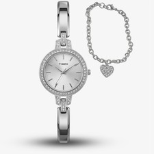 Timex Ladies Aveline Silver Tone Crystal Watch & Heart Bracelet Gift Set TWG0...