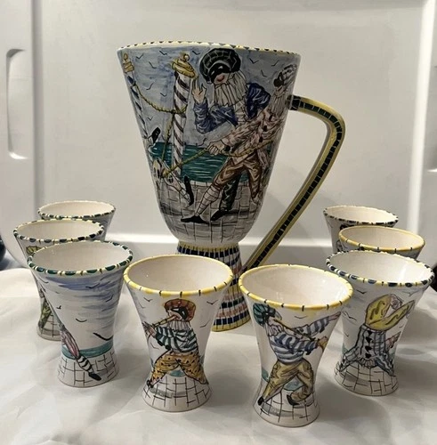 1950's Otello Rosa Italian Pottery Pitcher & Cups San Polo Studio Unique Vintage