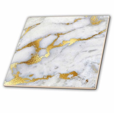3dRose Luxury Grey Gold Gem Marble Glitter Metallic Decorative Ceramic Tile 12''