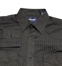 Vintage Wrangler Brushpopper Shirt Mens L Solid Black Pearl Snap Western