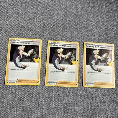 3x Professor s Research Holo Celebrations Pikachu Pokémon Karten DE/EN