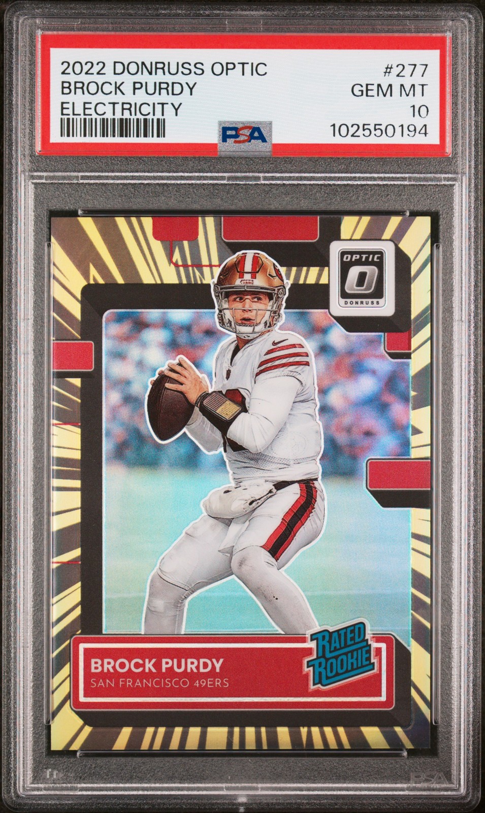 2022 PANINI DONRUSS OPTIC ELECTRICITY #277 BROCK PURDY 11/65 PSA 10