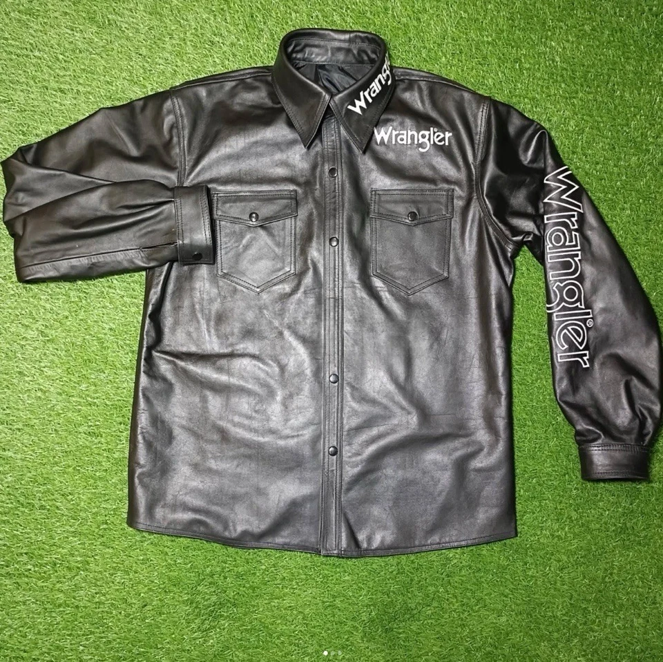 Wrangler Mens Logo Sleeve Work Shirt with Snaps - Black Leather Embroidered Logo - Image 2 of 3