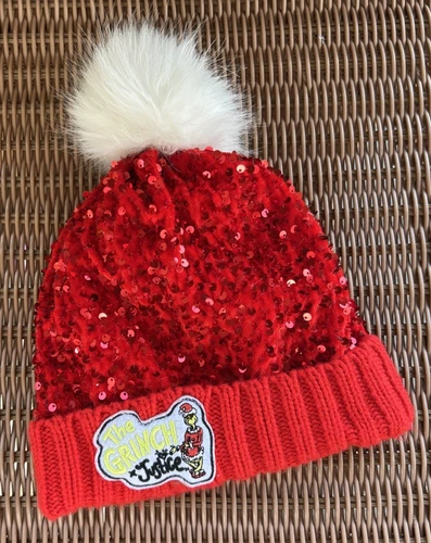 The GRINCH Justice Girls Red Knit Cap Hat White Fluffy Pom & Red Sparkle Sequins