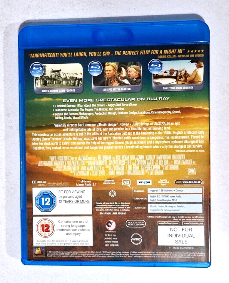 Australia BLU RAY Starring Nicole Kidman Hugh Jackman - Image 2 of 3