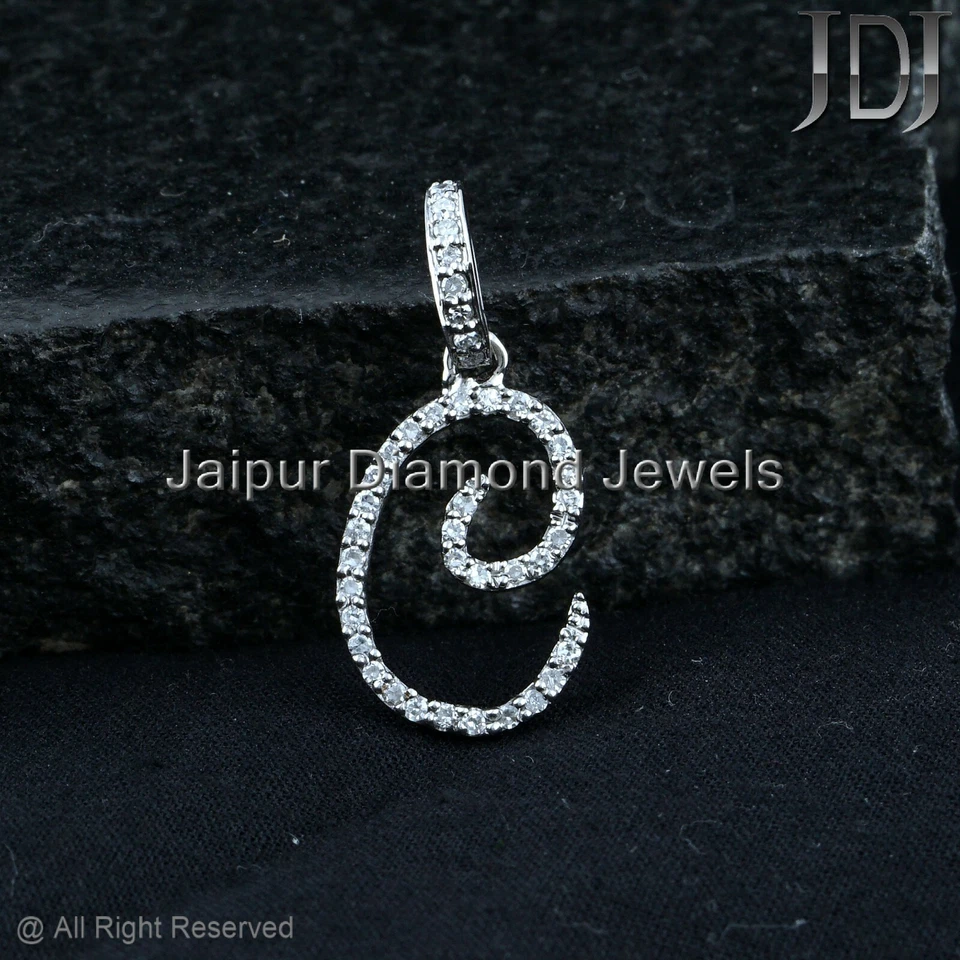 Pingente de berloque de ouro branco 14k sólido diamante natural letra inicial C alfabeto - Imagem 2 de 4