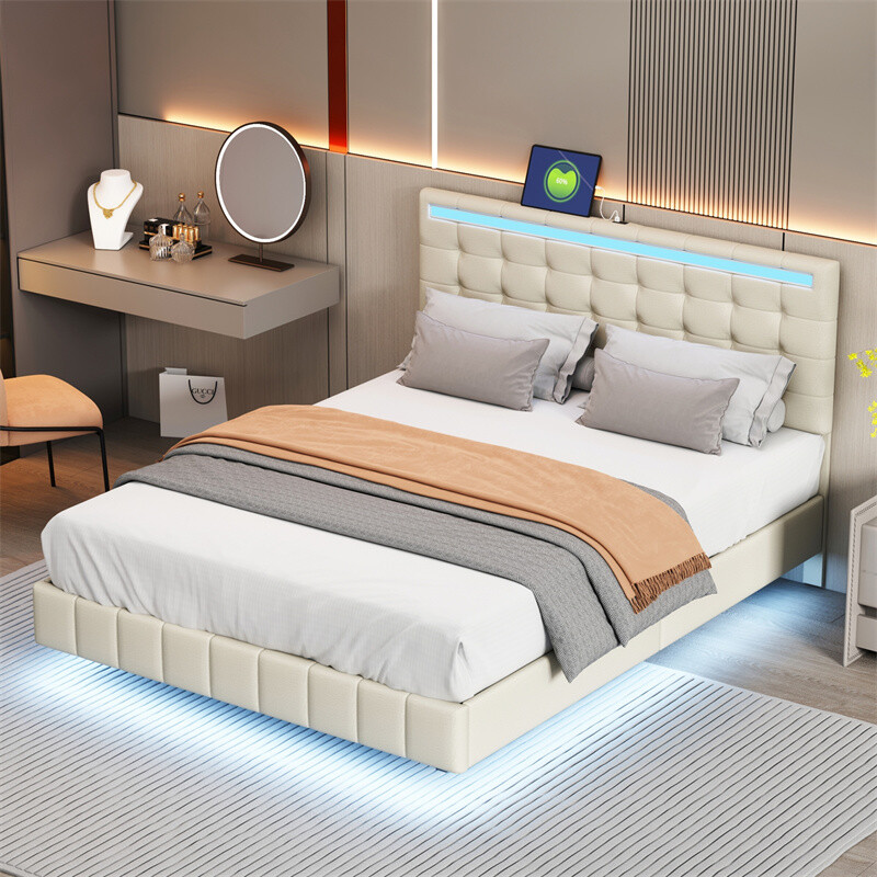 Queen Size Floating Bed Frame w/LED Lights &USB Charging Upholstered Bed Frame