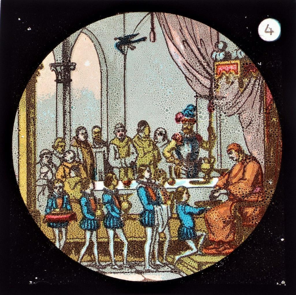 Jeu De 12 Plaques De Lanterne Magique Antiques - Jackdaw Of Rheims - Vers 1890 - Originales En Verre Coloré - Boîtier D'époque