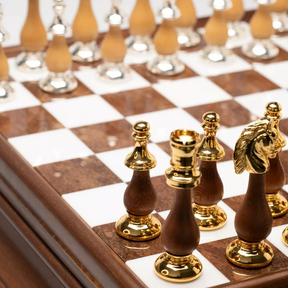 Solid Gold & Silver Chess Set with Luxurious Wood-Alabaster