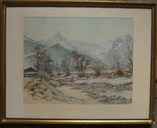 Watercolor Garmisch Wetterstein Mountains Alps Hut Unreadable Signed Antique