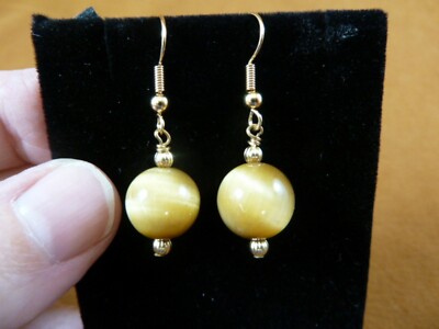 (EE477-4) 12mm blonde tan Brown tigers eye gemstone + gold bead dangle earrings