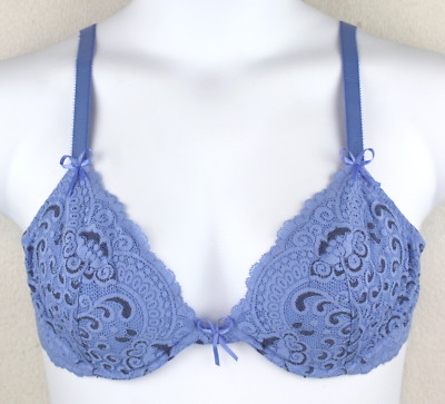 Victorias Secret 36C Blue Lace Overlay Unlined Plunge Underwire Bra EUC