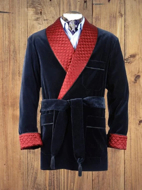 Chaqueta blazer de terciopelo para hombre con cinturón cena graduación fiesta noche bata Foto 2 de 4