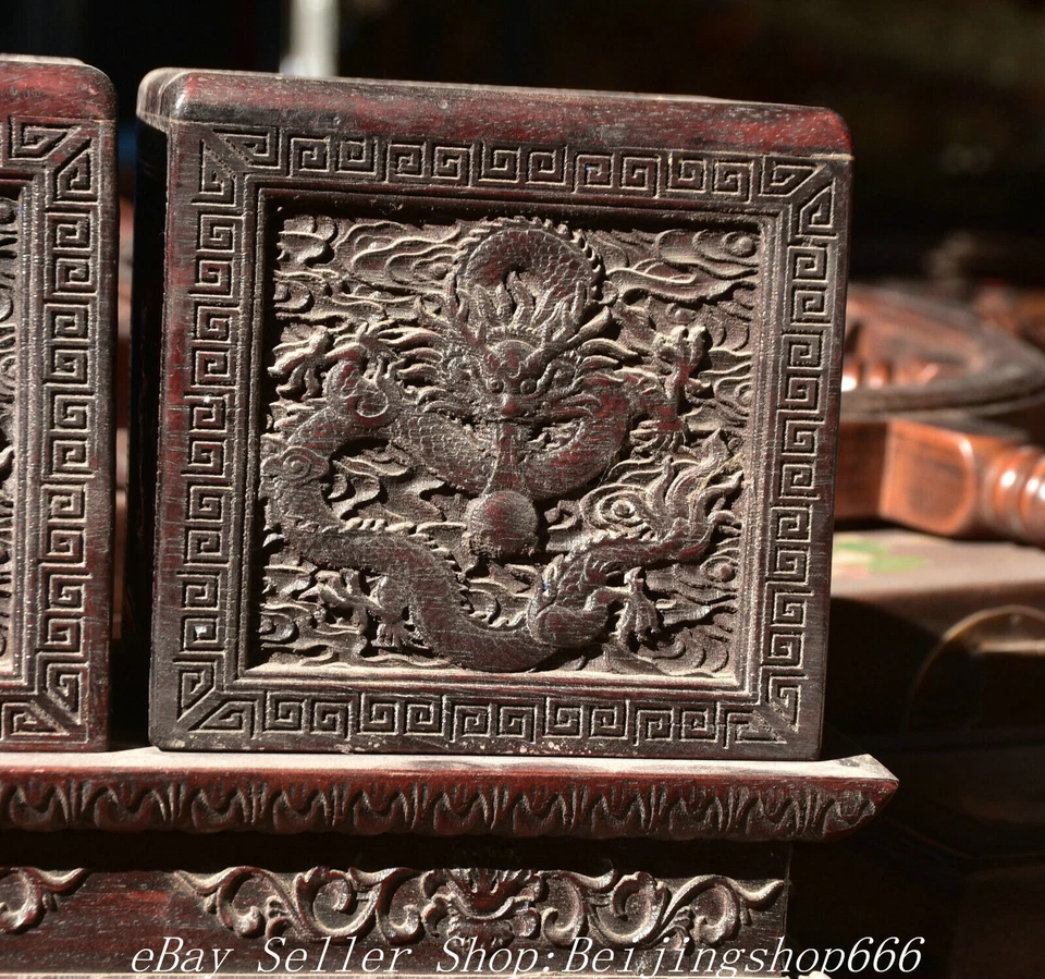 Estátua caixa selo joia dragão esculpida em madeira chinesa antiga Huanghuali 12" - Imagem 4 de 4