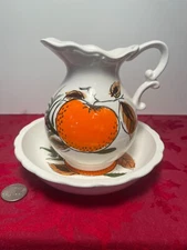 Vintage Wash Basin with Hand Painted Orange Pumpkin Brown Leaves Made in Japan