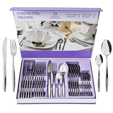 24-Piece Stylish Stainless Steel Silverware Set for 6, Mirror-Finish Flatware...