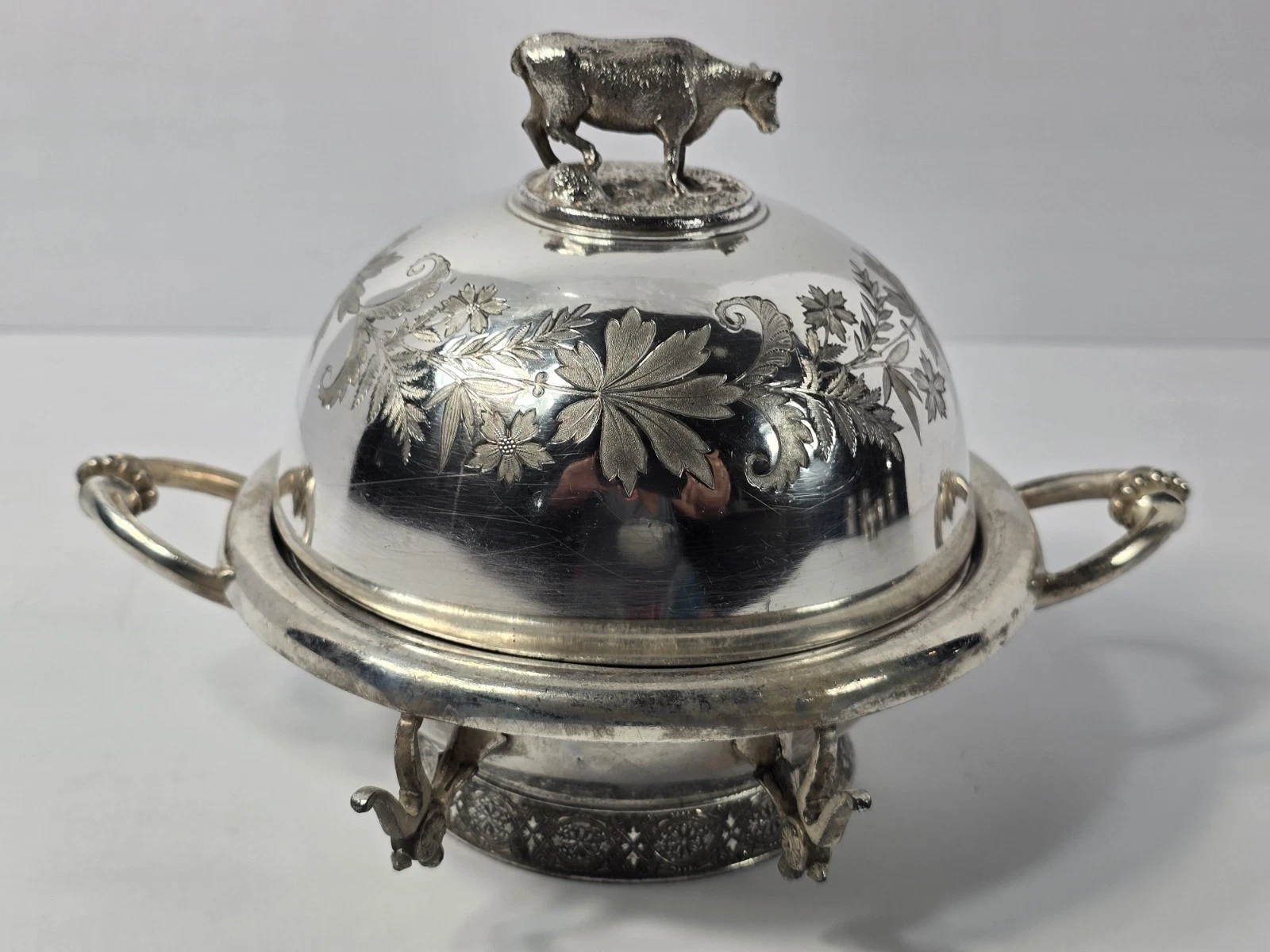 Vintage Rogers Smith Quadruple Plate Covered Butter Dish Cow Finial Silverplate