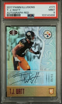 2017 PANINI ILLUSIONS #171 T. J. WATT AUTOGRAPH-RED RC,AUTO /50 PSA 9