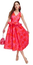 KATE SPADE New York Target Rose Peplum Pink Red  Lined Midi Dress, Pockets Sz 8
