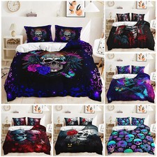 Gothic Skull Skeleton Rose Floral Hevay Metal Doona Duvet Quilt Cover Bed Set