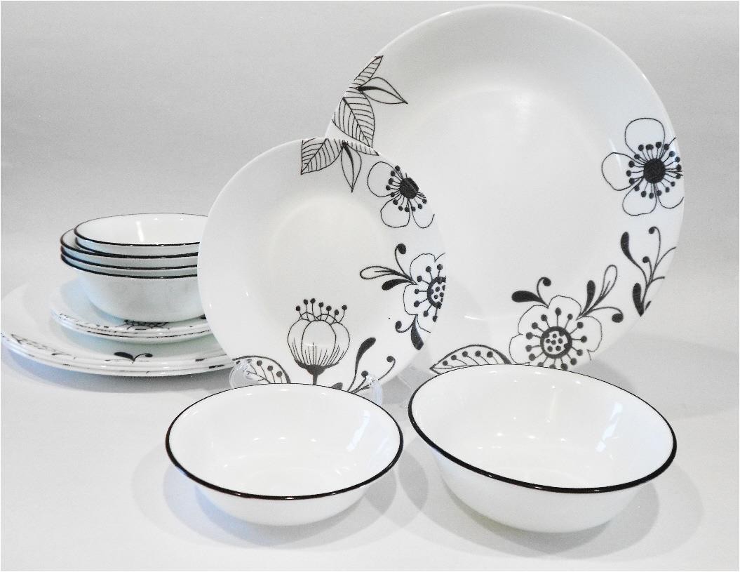 Plates Bowls Black Floral On White