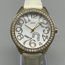 Guess Womens Watch 37mm White Dial Gold Crystals White Leather New Battery