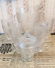 Jeanette Glass Iris & Herringbone Vintage Pitcher w/ Sugar Cup & 4 Tumbler Set