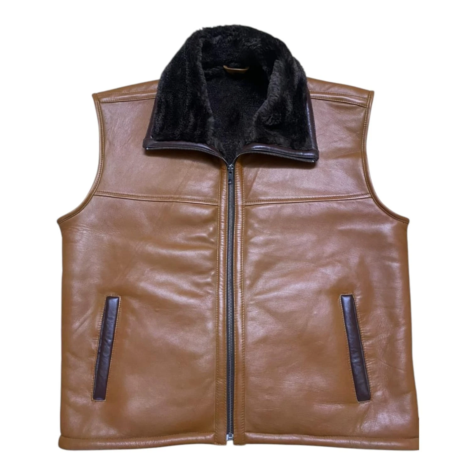Men's Brown Sheepskin Leather Vest With Faux Fur Lining For Winter