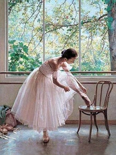 Oil painting beautiful young ballet girl in white dress Before the performance