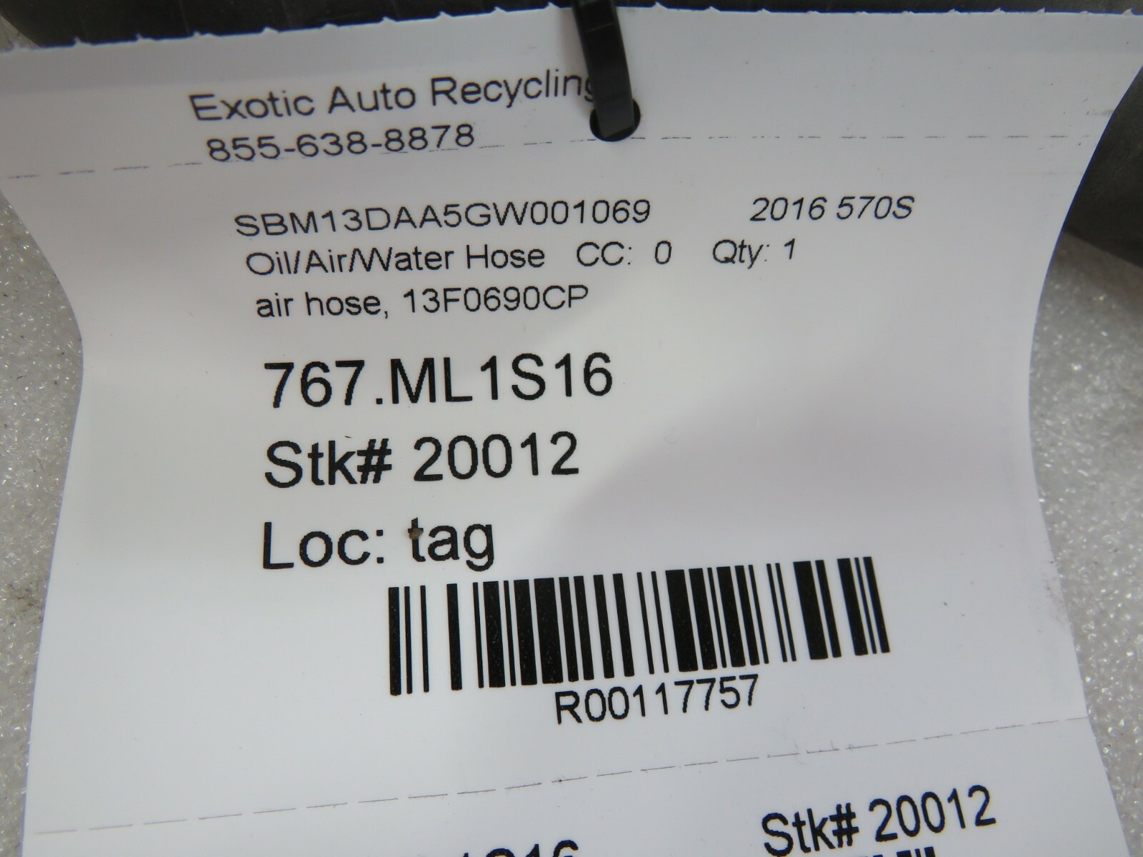 McLaren 570S, Air Hose, Used, P/N 13F0690CP