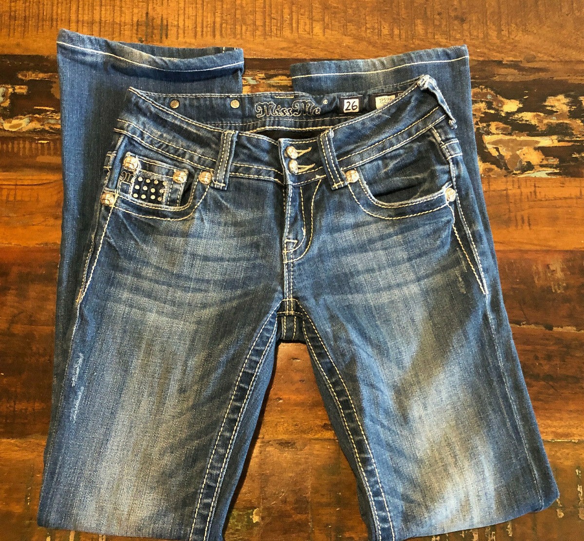 Miss Me Boot Cut (JP5086) Thick Stitch Distressed Rhinestone Flap