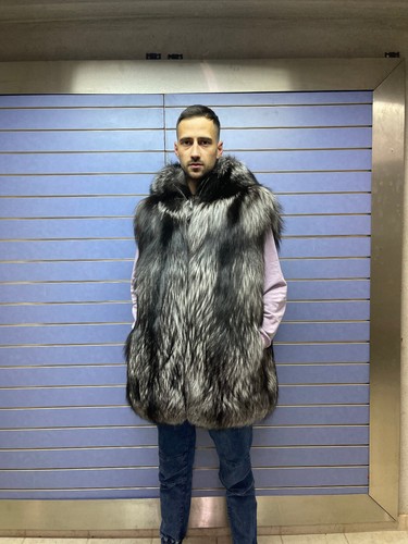 Luxury Full Skin Silver Fox Vest With Hood 100% Real Fur - Afbeelding 1 van 12