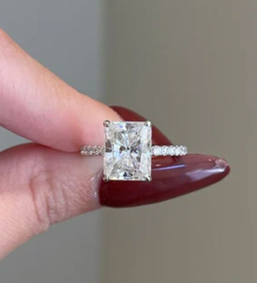 3.76Ctw Radiant Cut Moissanite Hidden Halo Engagement Ring 14K White Gold Plated