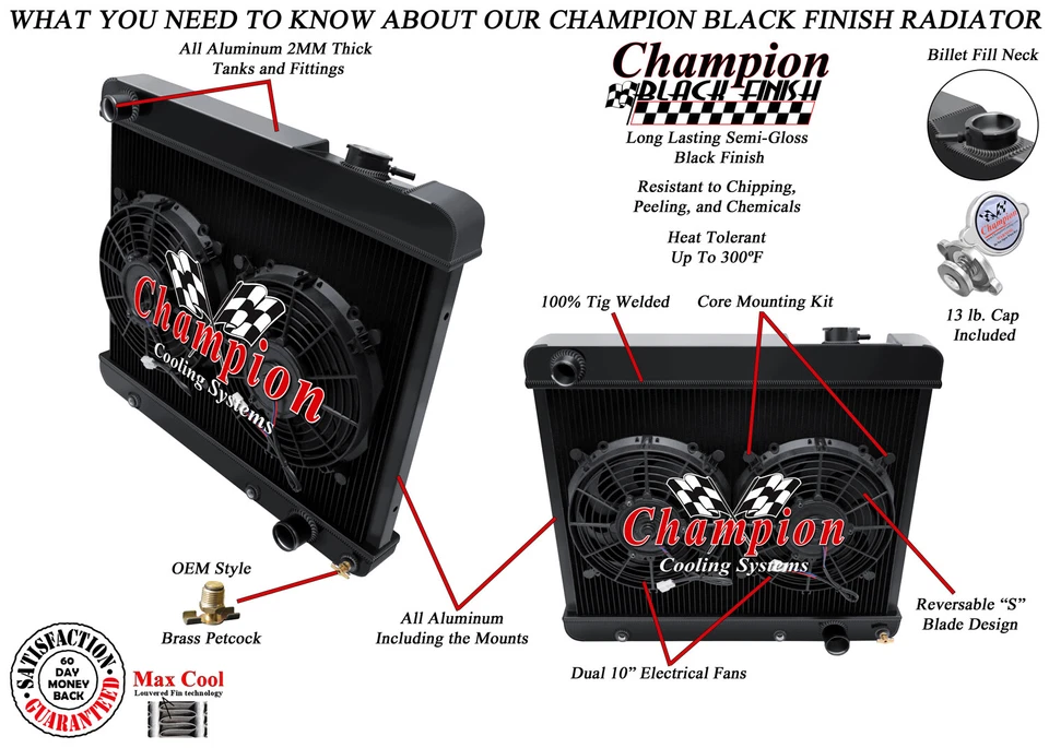 KR Champion 3 Row Black Finish Radiator W/ 2 10" Fans for 1966 GMC K1000 Pickup - Image 3 of 4