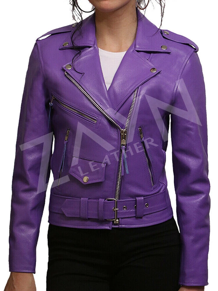 Women's Real Lambskin Leather Soft Purple Jacket Biker Motorcycle Stylish Jacket - Image 2 of 4