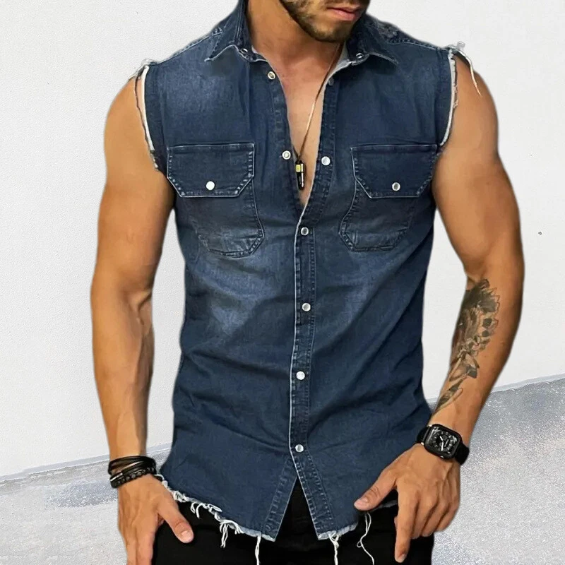 Men s Sleeveless Denim Shirt Motorcycle Button Down Muscle T shirt Slim Tank Top