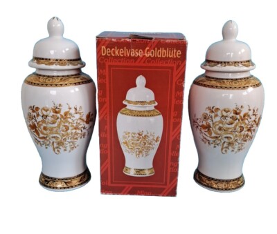 Deckelvase Goldblüte Ming Collection Vase Porzellan Blumen Dekor Neu Handarbeit