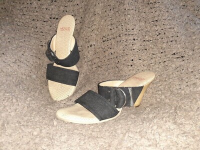 BOSS-Hugo Boss-Black Denim Mules-Buckle Detail-Wood Wedge-Sz 39-Excellent