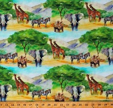 Cotton African Safari Mountains Animals Green Fabric Print by Yard D375.69
