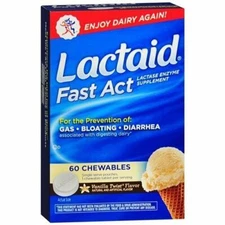 Lactaid Lactase Enzyme Supplement Fast Act Bloating Diarrhea Vanilla Twist 60ct