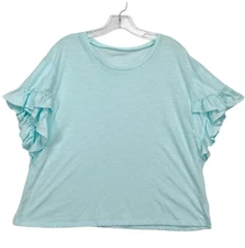 ANA A New Approach NWOT Knit Top Size Large Aqua Ruffled Sleeve Cropped Jersey