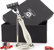 3 Blades Cartridge Shaving Razor with Ivory Metal Stand 2 Pieces Shaving Kit Set