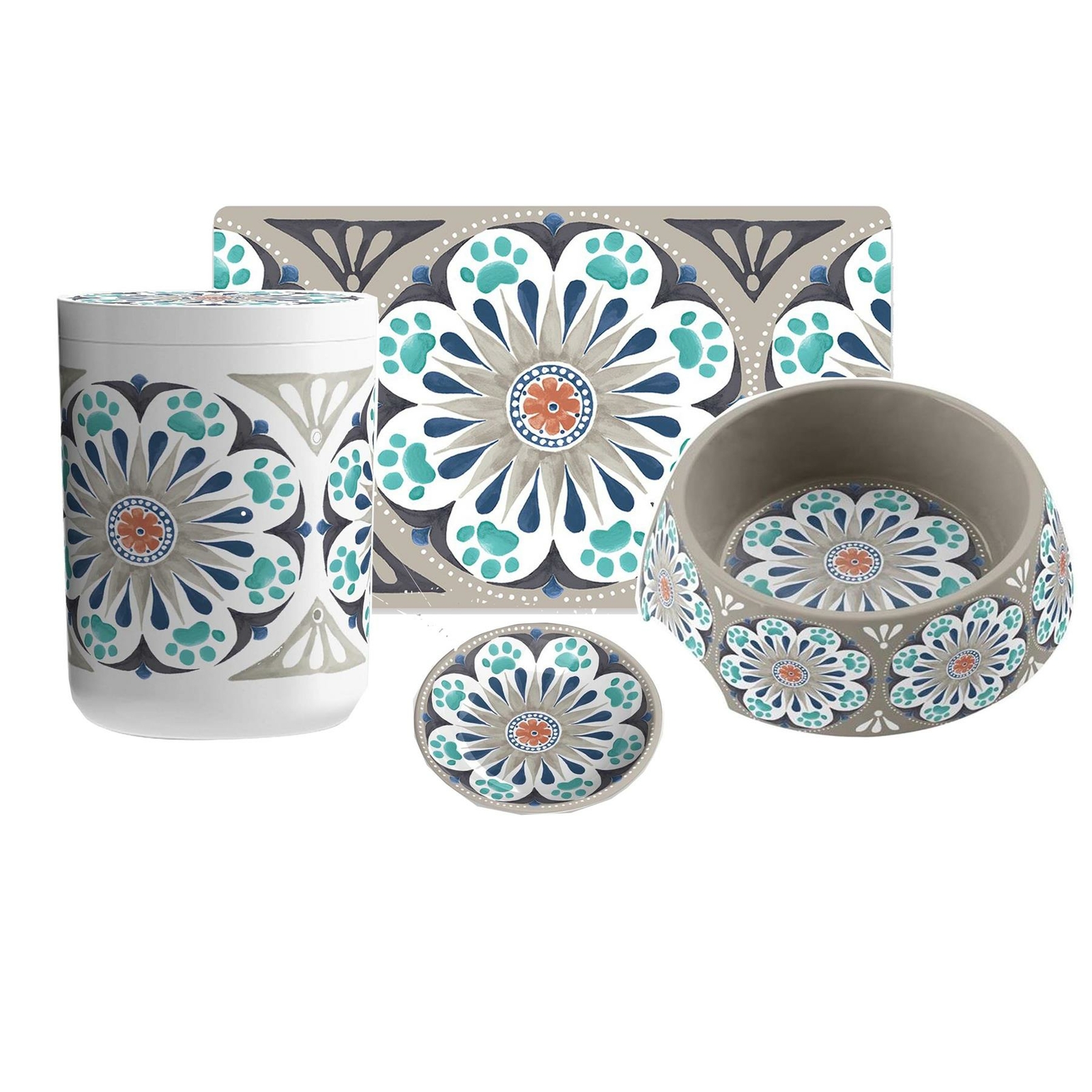 Carmel Medallion Melamine  Pet Feeding Set of 4 - Grey