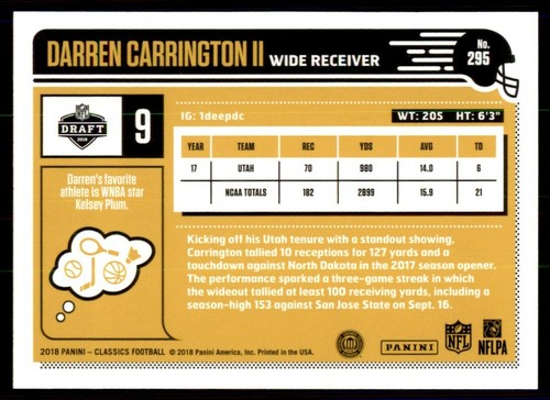 2018 Panini Classics Darren Carrington II Rookie Utah Utes #295 - Picture 2 of 2