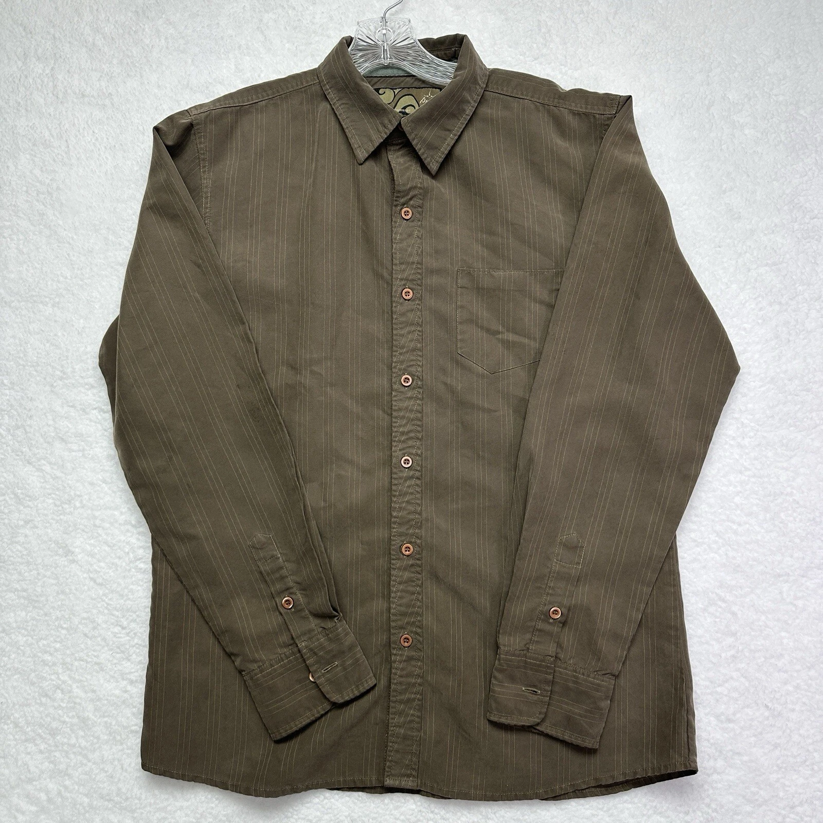 prAna button Up Shirt Mens Size Large Brown Long Sleeve Slim Fit Pin Striped