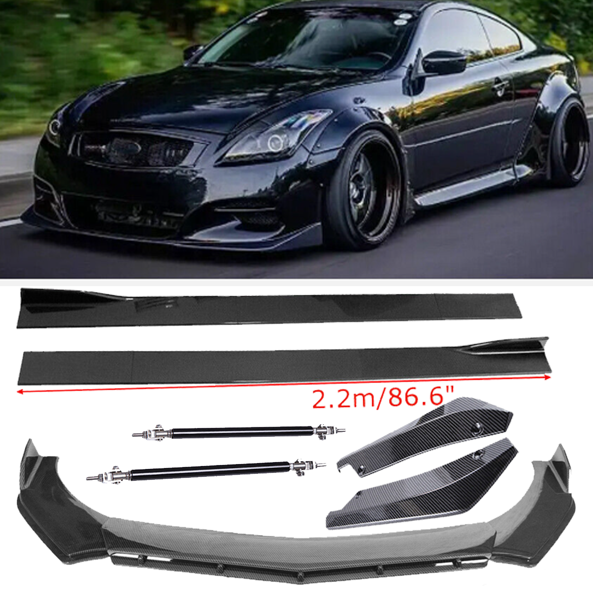 Carbon Fiber Front Lip Side Skirt Splitters Strut Rod For Infiniti G37
