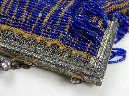 ANTIQUE 1920s ART DECO Flapper Micro Beaded Royal Cobalt Blue Evening Bag Purse - Picture 12 of 24