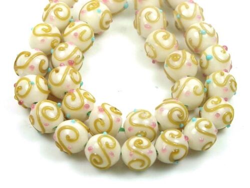 12mm Lampwork Handmade Beads Amber Scrolls Round (8) - Picture 2 of 3
