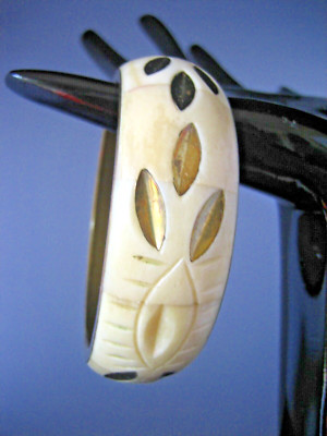 Vintage hand made gold metal and plastic cuff bangle bracelet