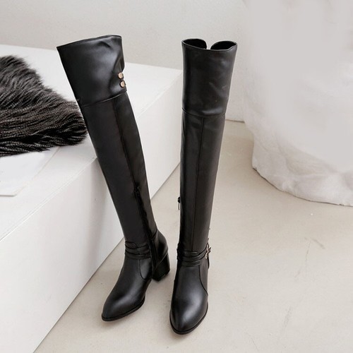 Gothic Schnalle Reitstiefel Damen klobiger Block mittlerer Absatz über dem Knie Stiefel Größe - Bild 9 von 15